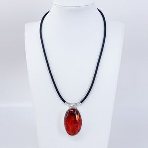 Vintage Sterling Silver 925 Rubber Necklace with Amber Pendant 18"